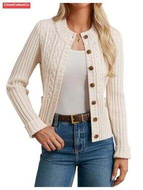 Women Button Up Cable Knit Cropped Cardigan Chunky Sweater Fall Winter